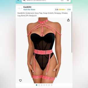Kaei&Shi Underwire Sexy Top, Snap Crotch, Strappy, Choker, Leg Band,3Pc Bodysuit